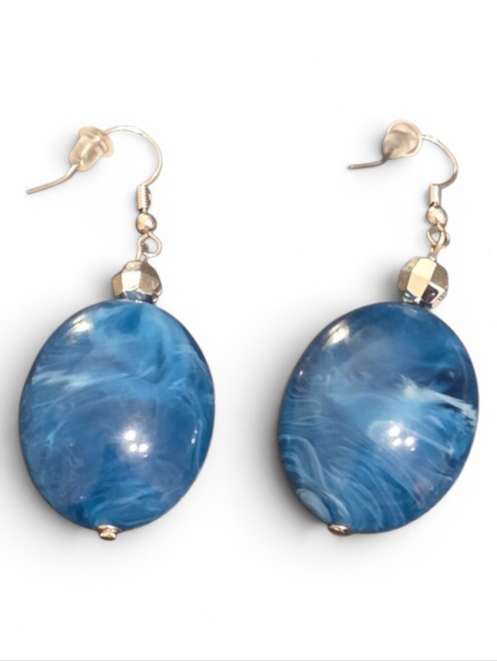 Chunky Blue Marbled Resin Drop Earrings Vintage Style Swirl Statement Dangles